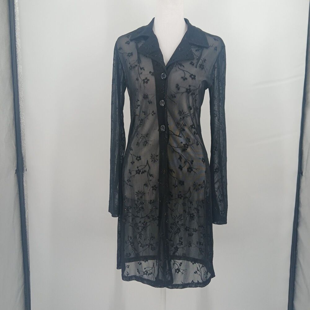 Vintage Breakin' Loose Sheer Mesh Longline Cardigan Womens S Black Floral Sexy